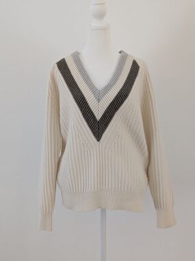 Reiss Miley Sweater Women M Cream V-Neck Gray Chevron Stripes Wool Blend